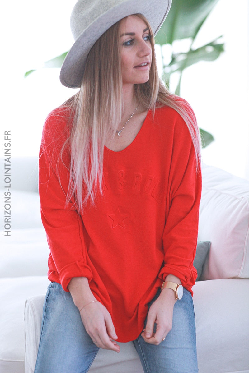 Pull rouge col v rock and roll relief D182 (1)