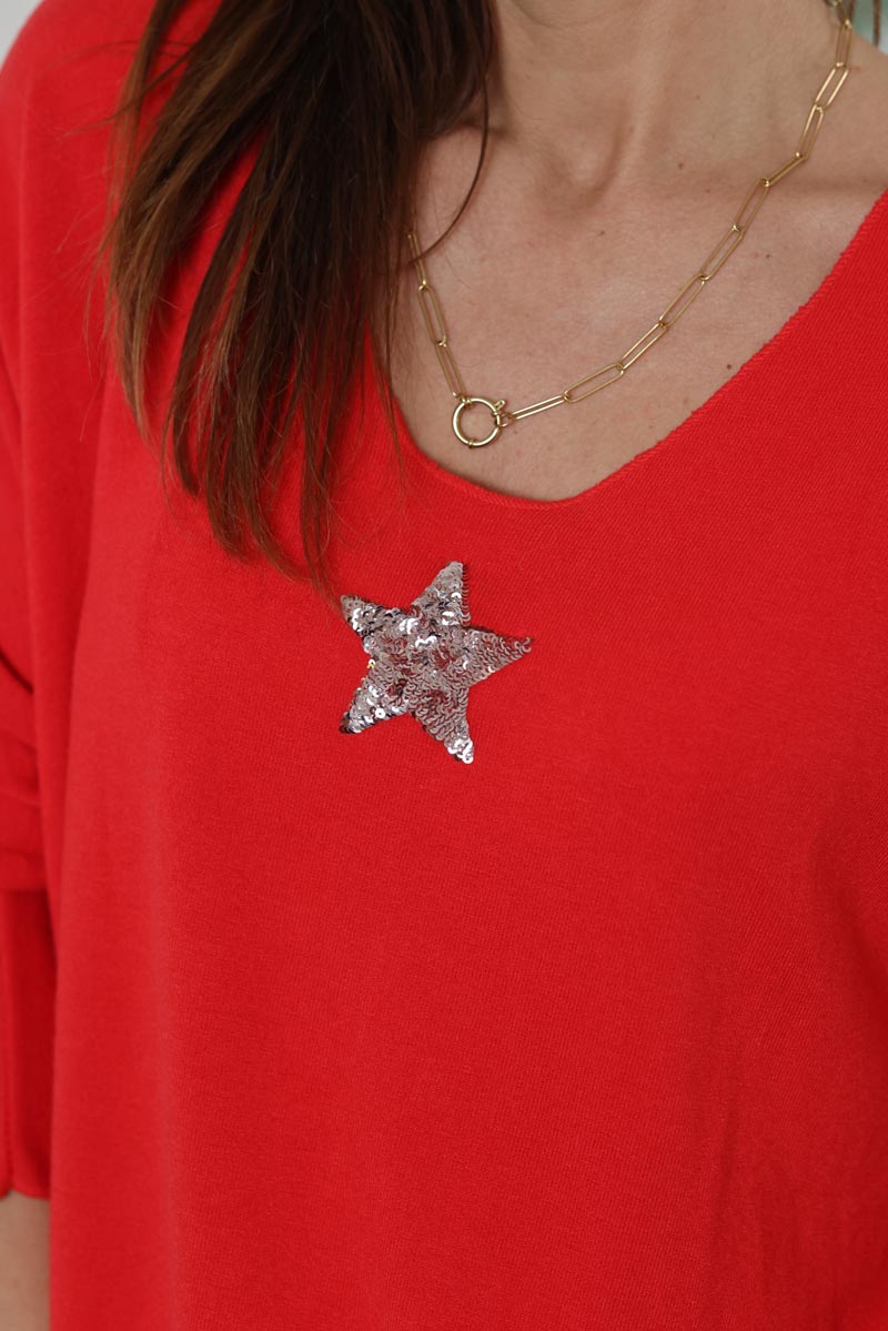 Pull rouge en jersey large et doux etoile sequins c176 (1)