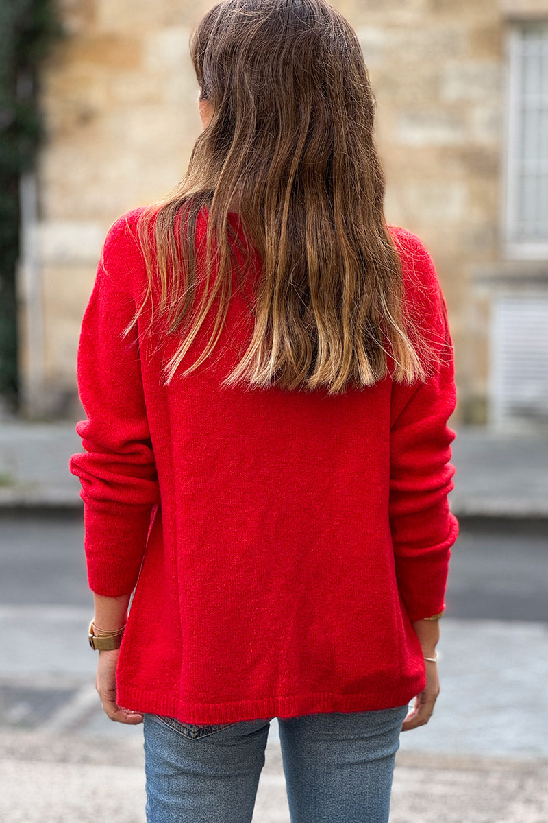 Pull rouge en maille alpaga tout doux détail col v