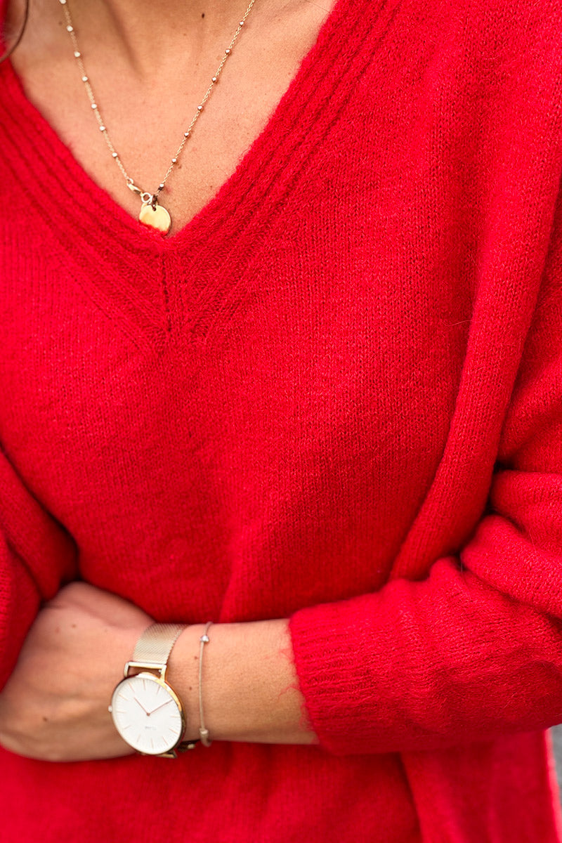 Pull rouge en maille alpaga tout doux détail col v