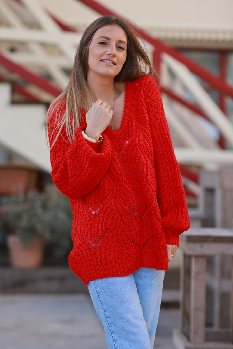 Red Crochet Knit Jumper