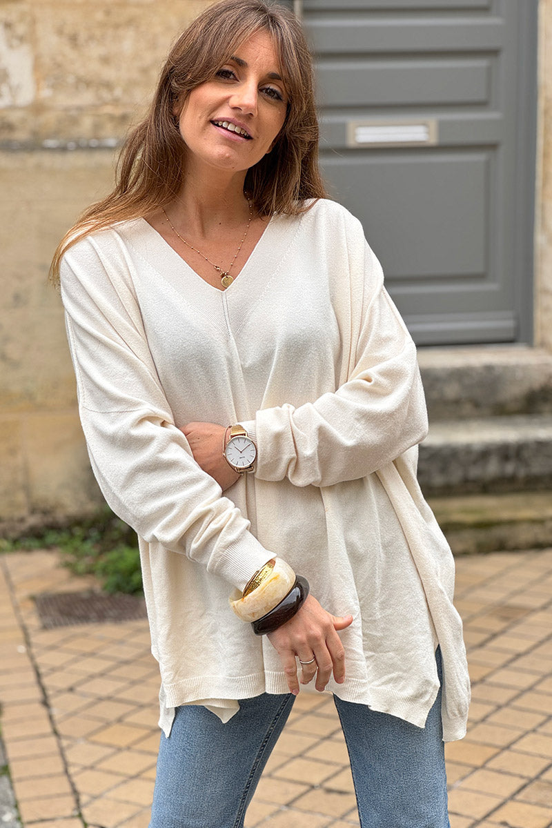 Cream Viscose Knit V-Neck Sweater