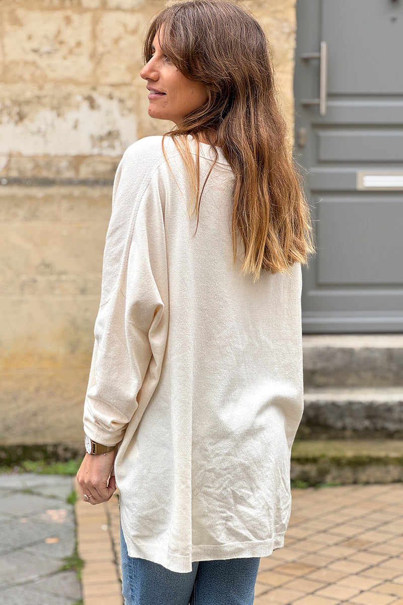 Cream Viscose Knit V-Neck Sweater