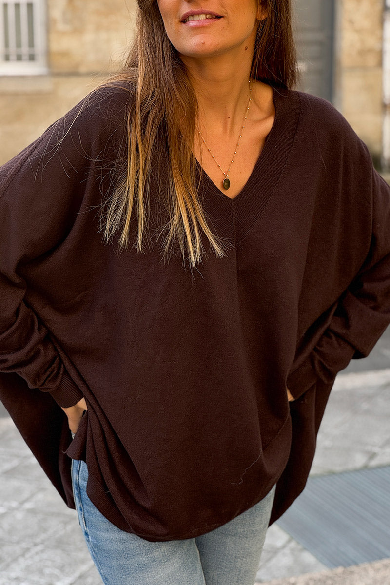 Chocolate Brown Viscose Knit V-Neck Sweater