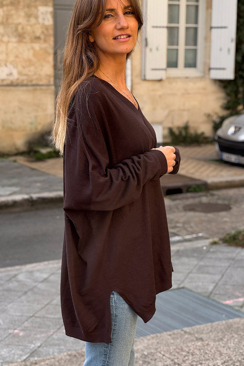 Chocolate Brown Viscose Knit V-Neck Sweater