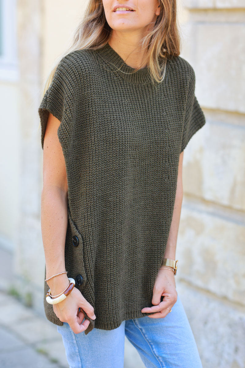Khaki sleeveless chunky crochet knit sweater with large button