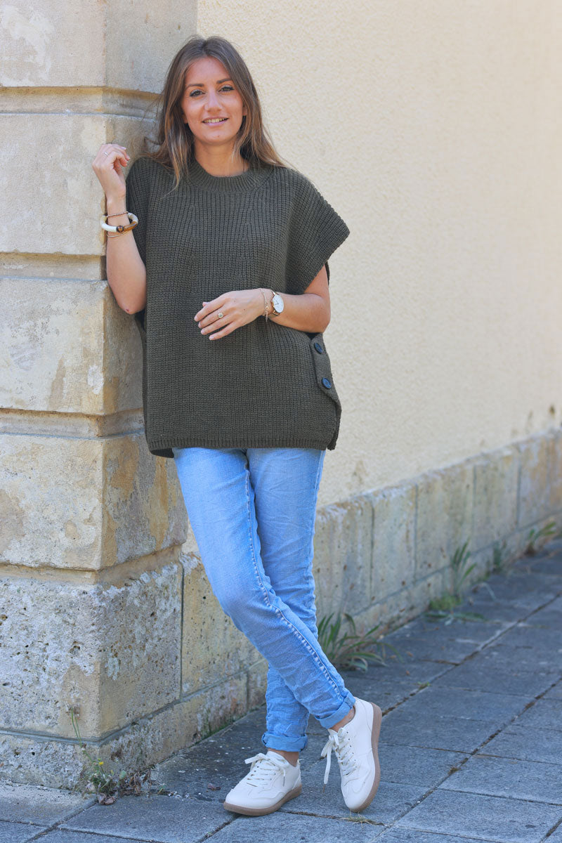 Khaki sleeveless chunky crochet knit sweater with large button