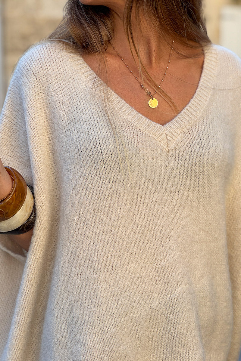 Cream V-Neck Sweater Poncho
