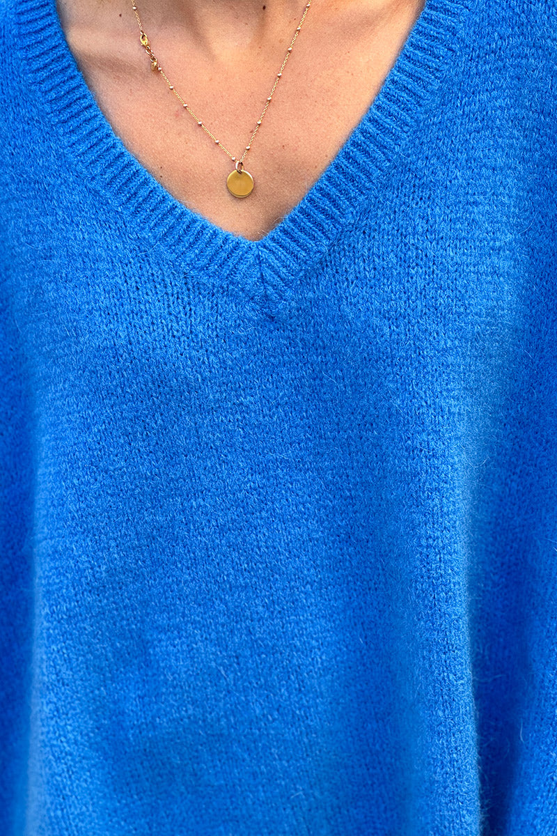 Pull sans manches large et moelleux bleu roi en mohair col v côtelé
