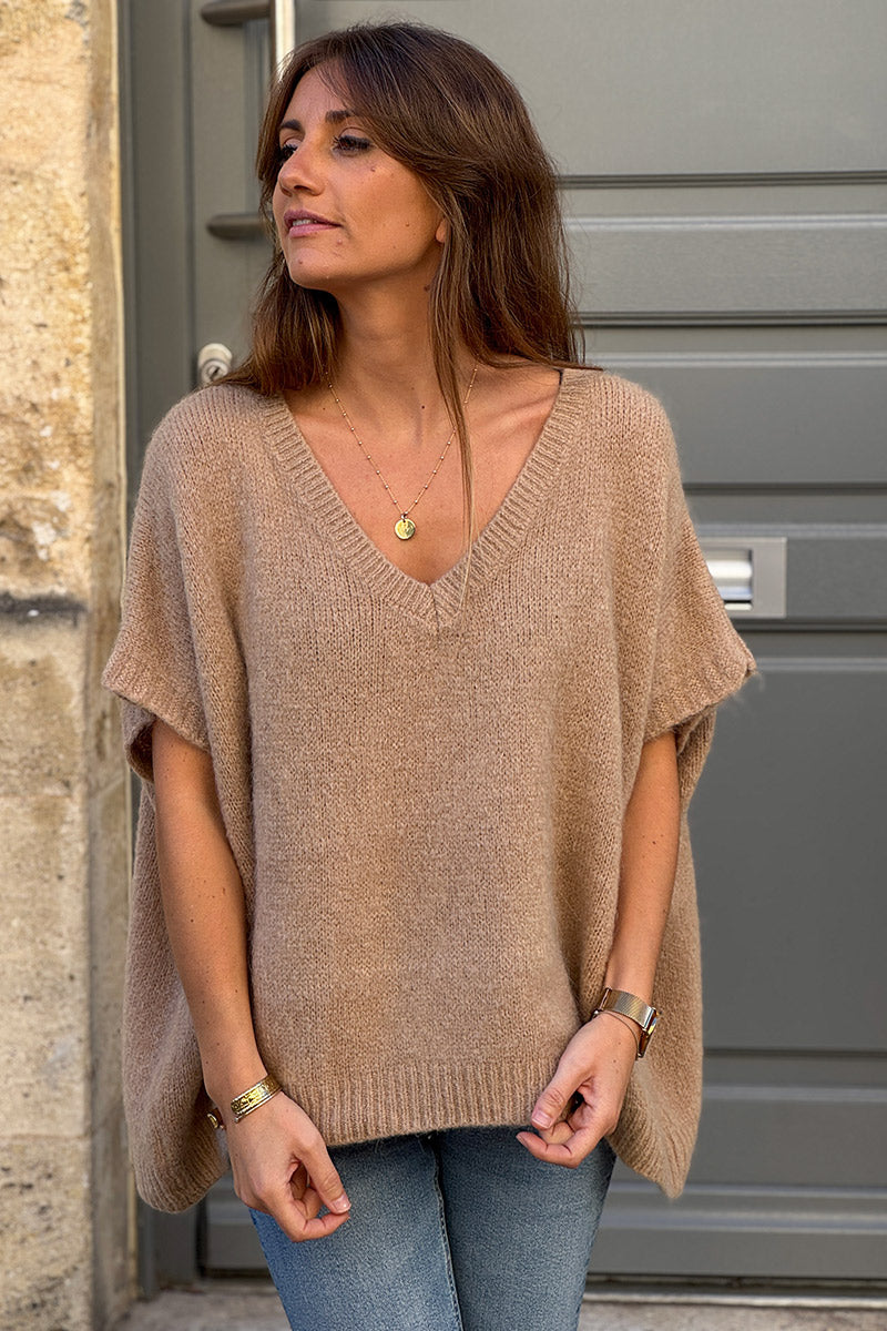 Pull sans manches large et moelleux camel en mohair col v côtelé