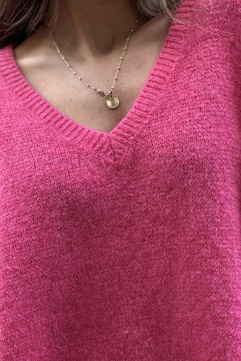 Fuchsia Pink V-Neck Sweater Poncho