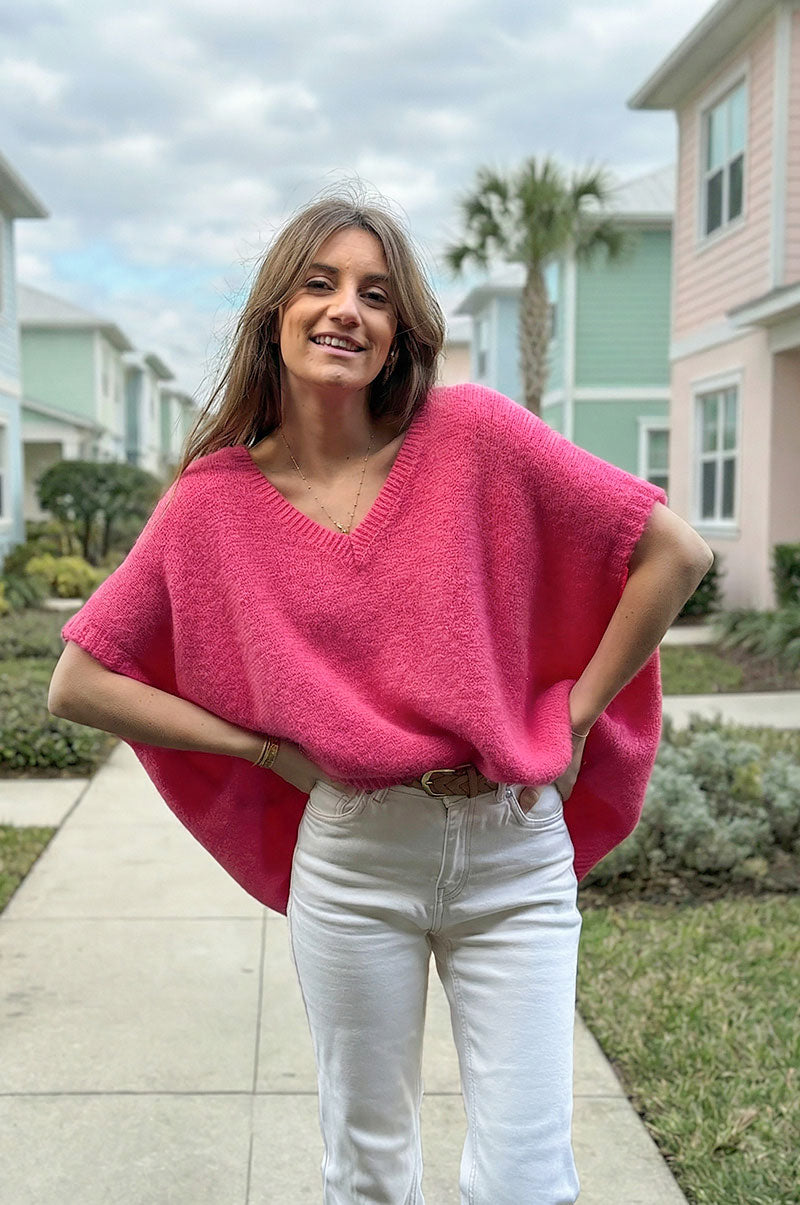 Fuchsia Pink V-Neck Sweater Poncho