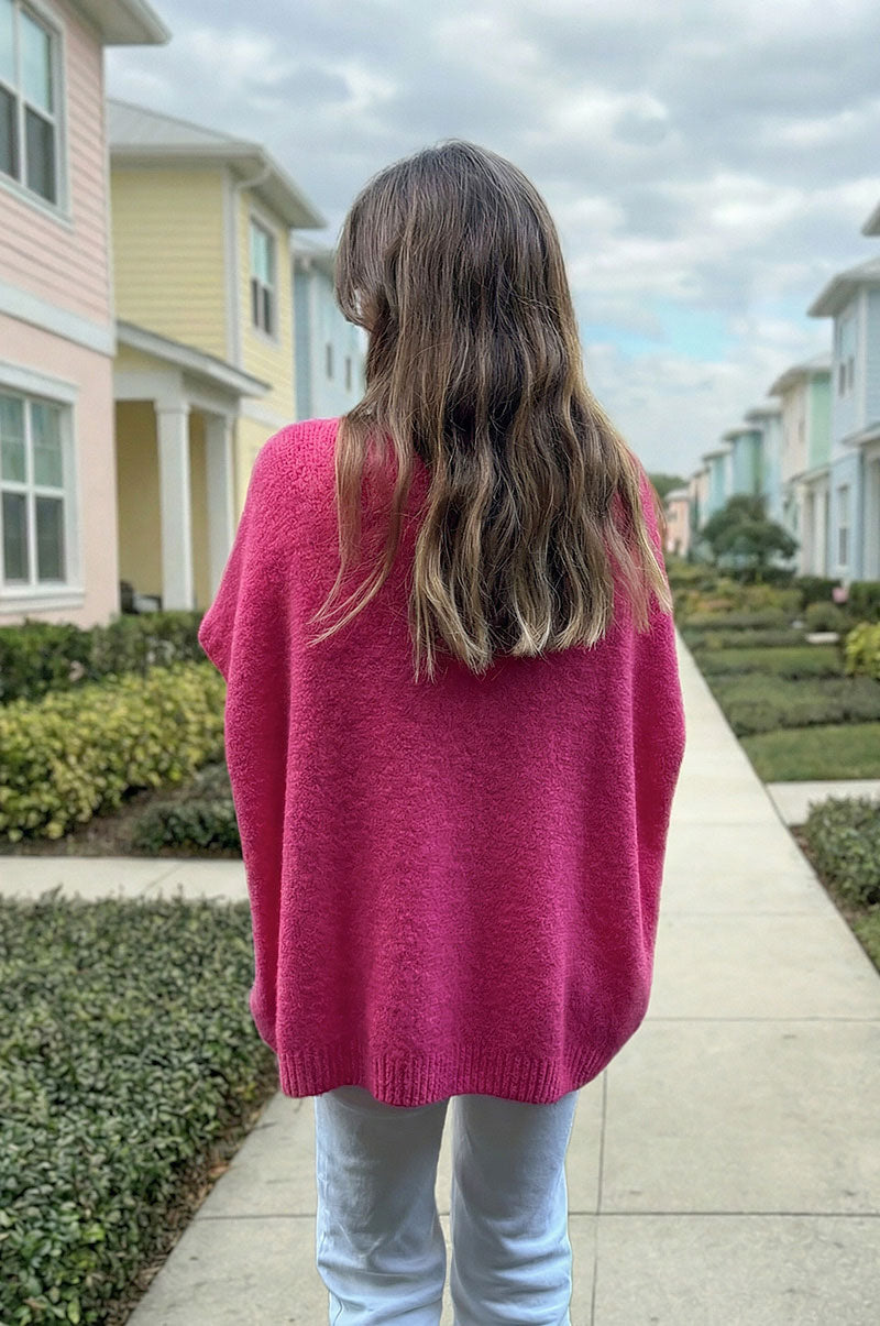 Fuchsia Pink V-Neck Sweater Poncho