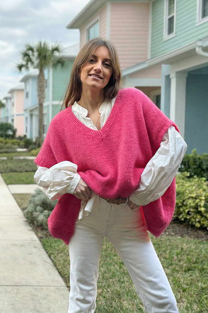 Fuchsia Pink V-Neck Sweater Poncho