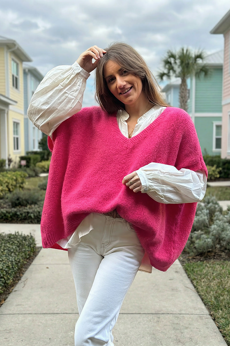 Fuchsia Pink V-Neck Sweater Poncho