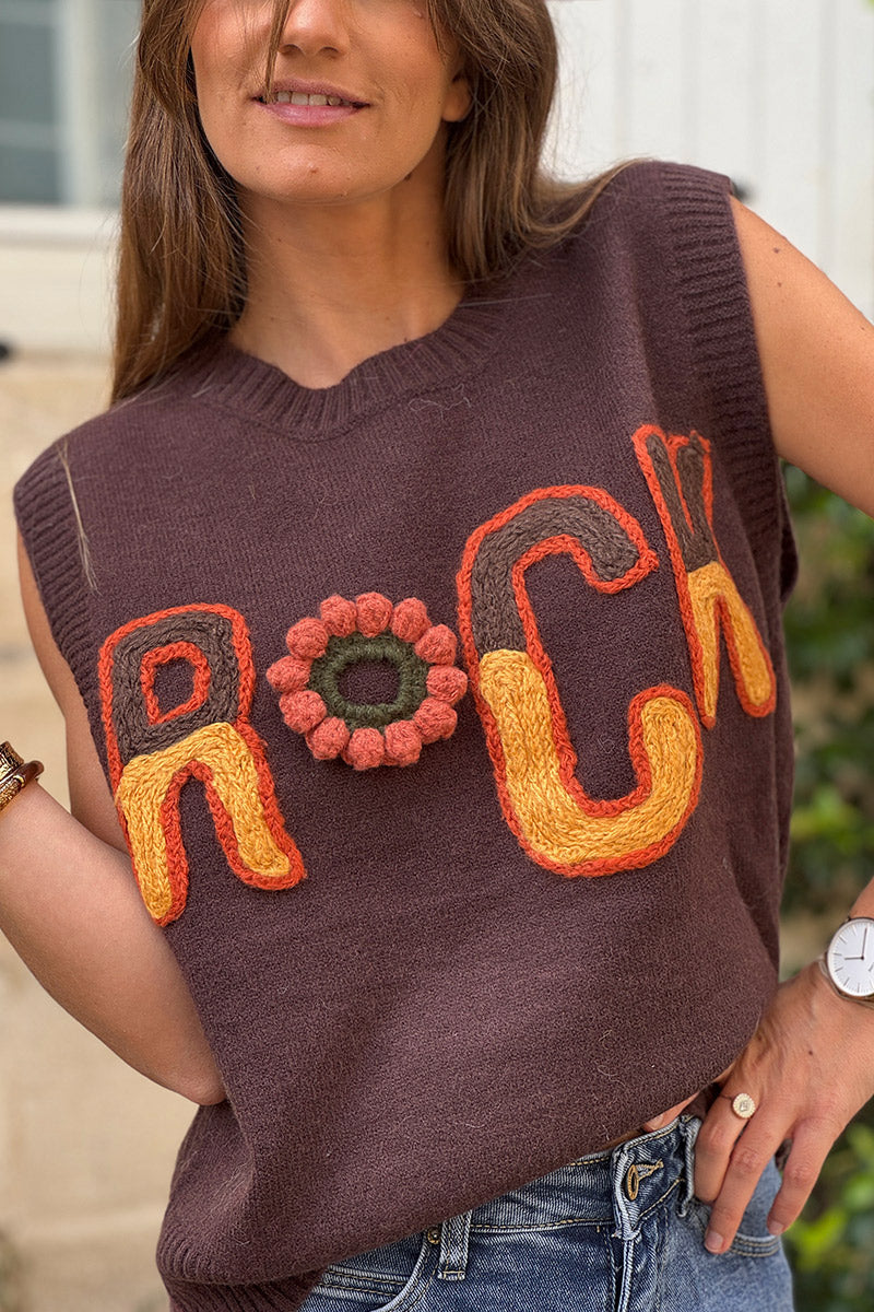 Pull sans manches marron moelleux en maille broderie ROCK nuances automnes