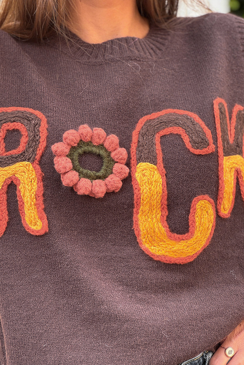 Pull sans manches marron moelleux en maille broderie ROCK nuances automnes