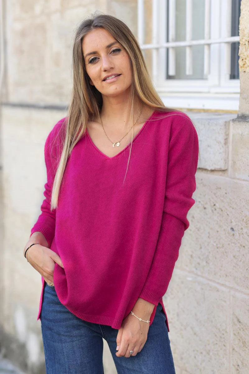 Pull tout doux basique fuchsia col v