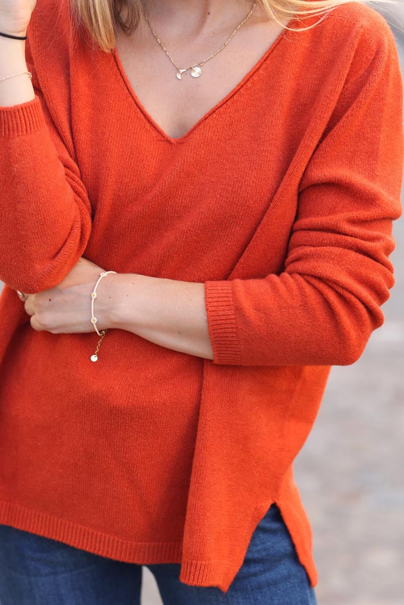 Pull tout doux basique terracotta clair col v D001 (1)