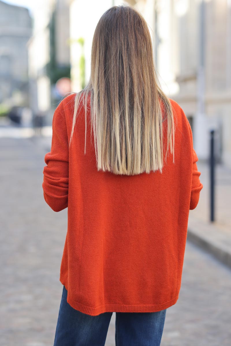 Pull tout doux basique terracotta clair col v D001 (1)
