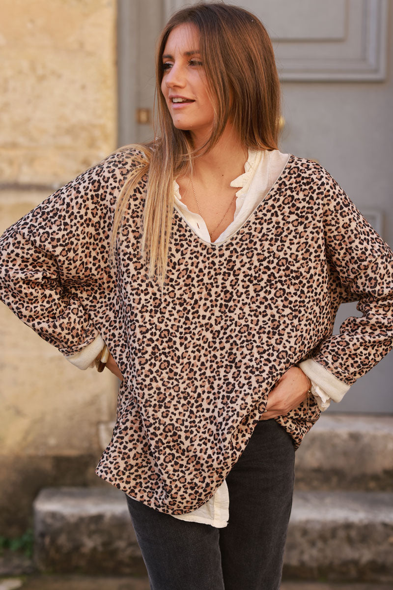 Jersey cuello pico pana estampado leopardo beige muy suave