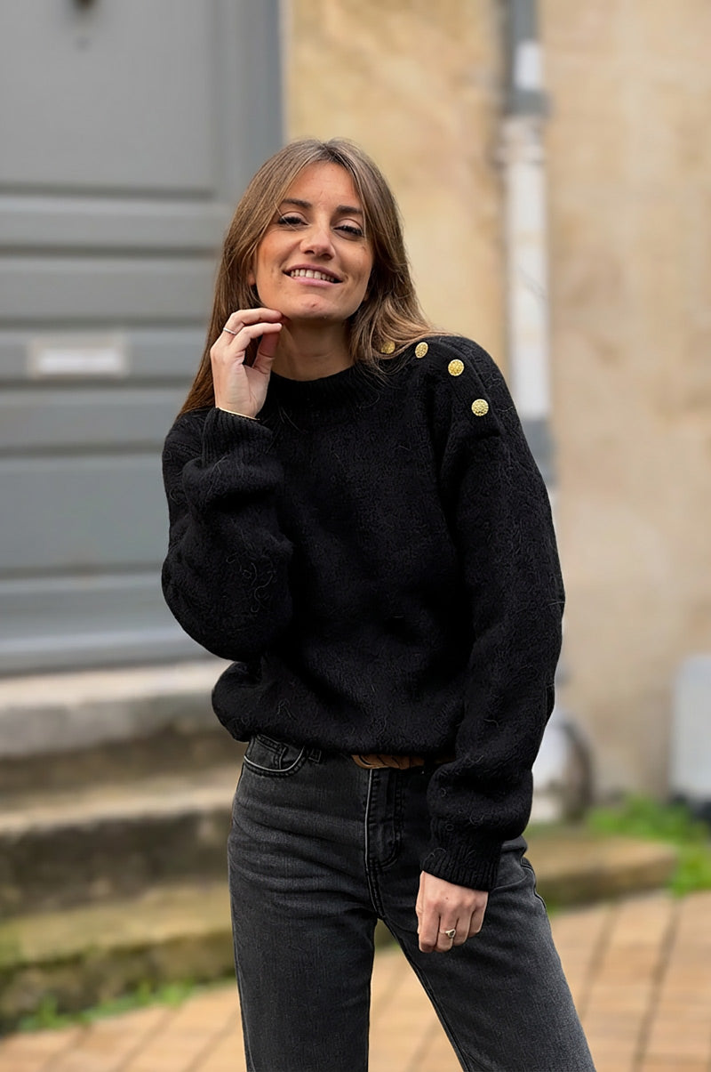 Black Alpaca Knit Sweater with Antique Gold Button Epaulette