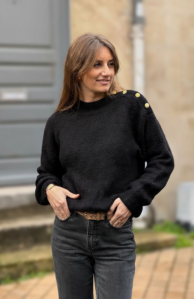 Black Alpaca Knit Sweater with Antique Gold Button Epaulette