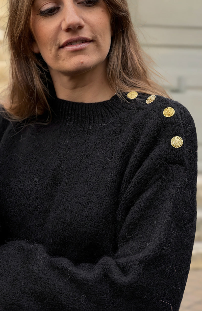 Black Alpaca Knit Sweater with Antique Gold Button Epaulette