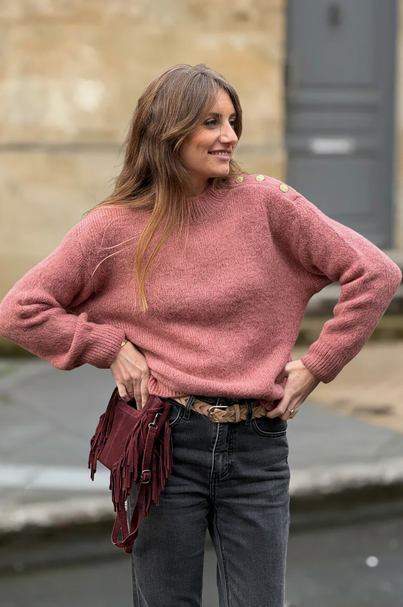 Dusty Pink Alpaca Knit Sweater with Antique Gold Button Epaulette