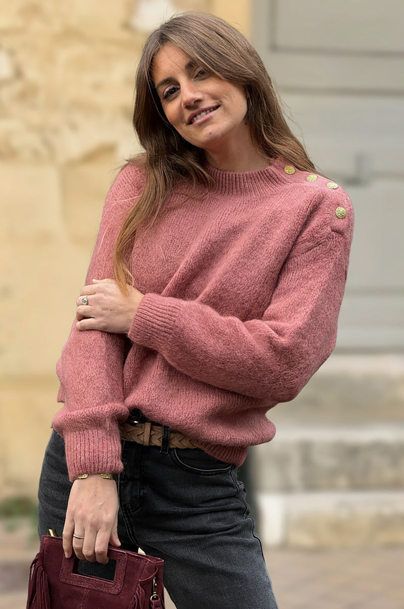 Dusty Pink Alpaca Knit Sweater with Antique Gold Button Epaulette