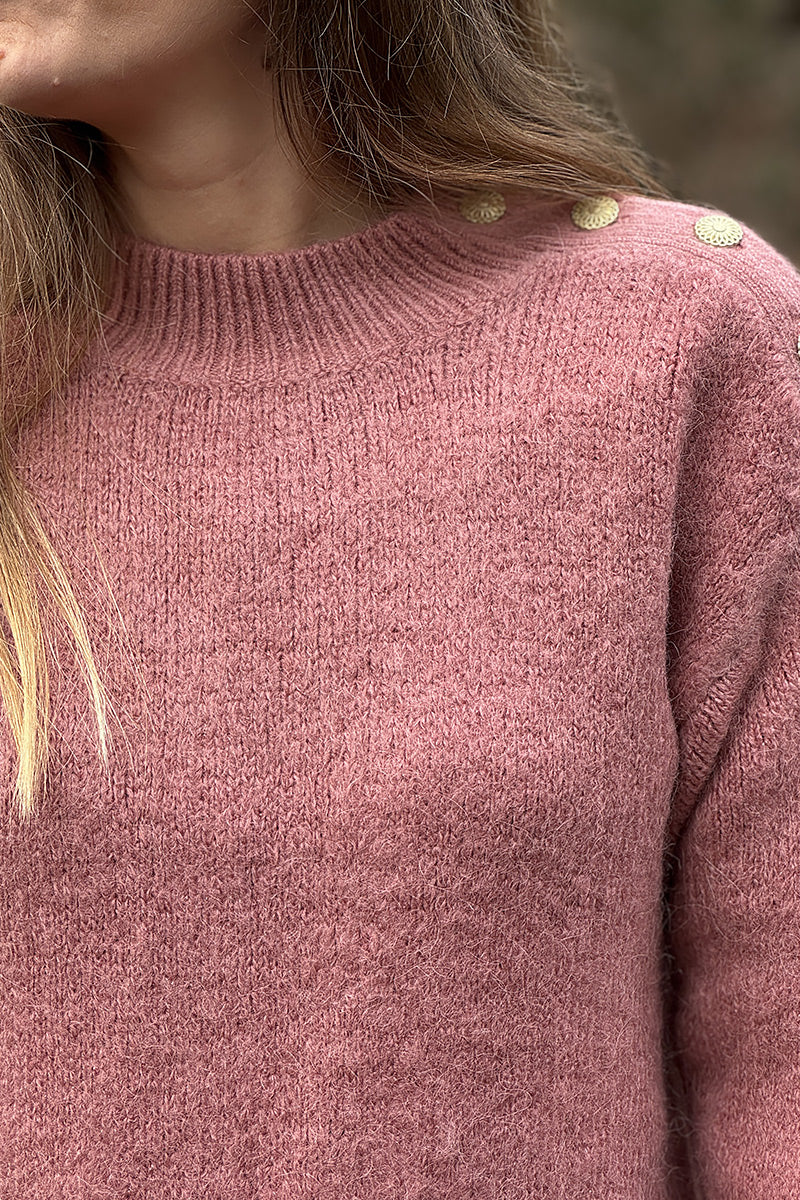 Dusty Pink Alpaca Knit Sweater with Antique Gold Button Epaulette