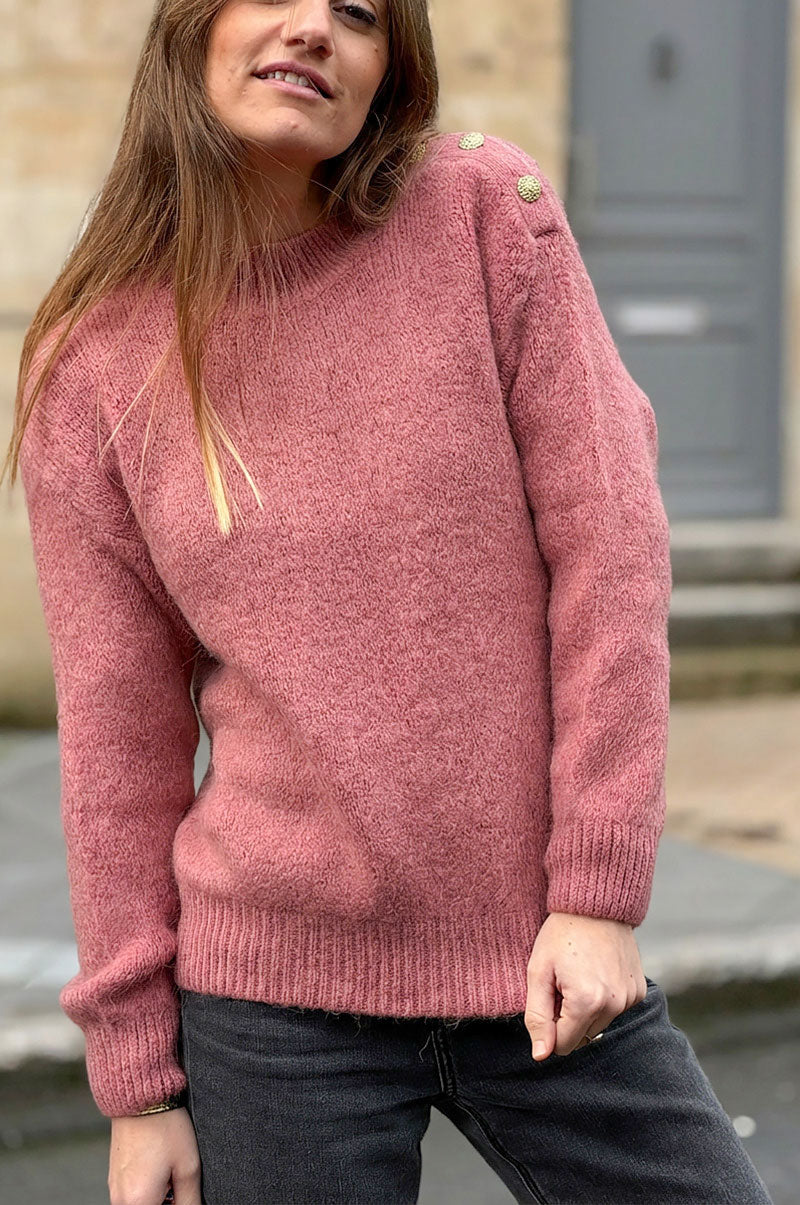 Dusty Pink Alpaca Knit Sweater with Antique Gold Button Epaulette