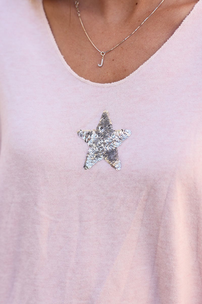 Pull tout doux et confort rose poudre etoile sequins c176 (1)