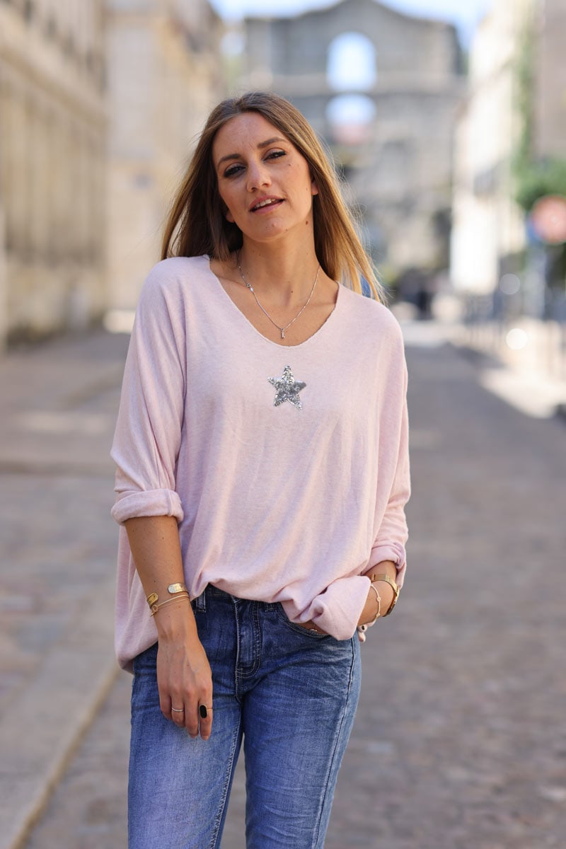 Pull tout doux et confort rose poudre etoile sequins c176 (1)