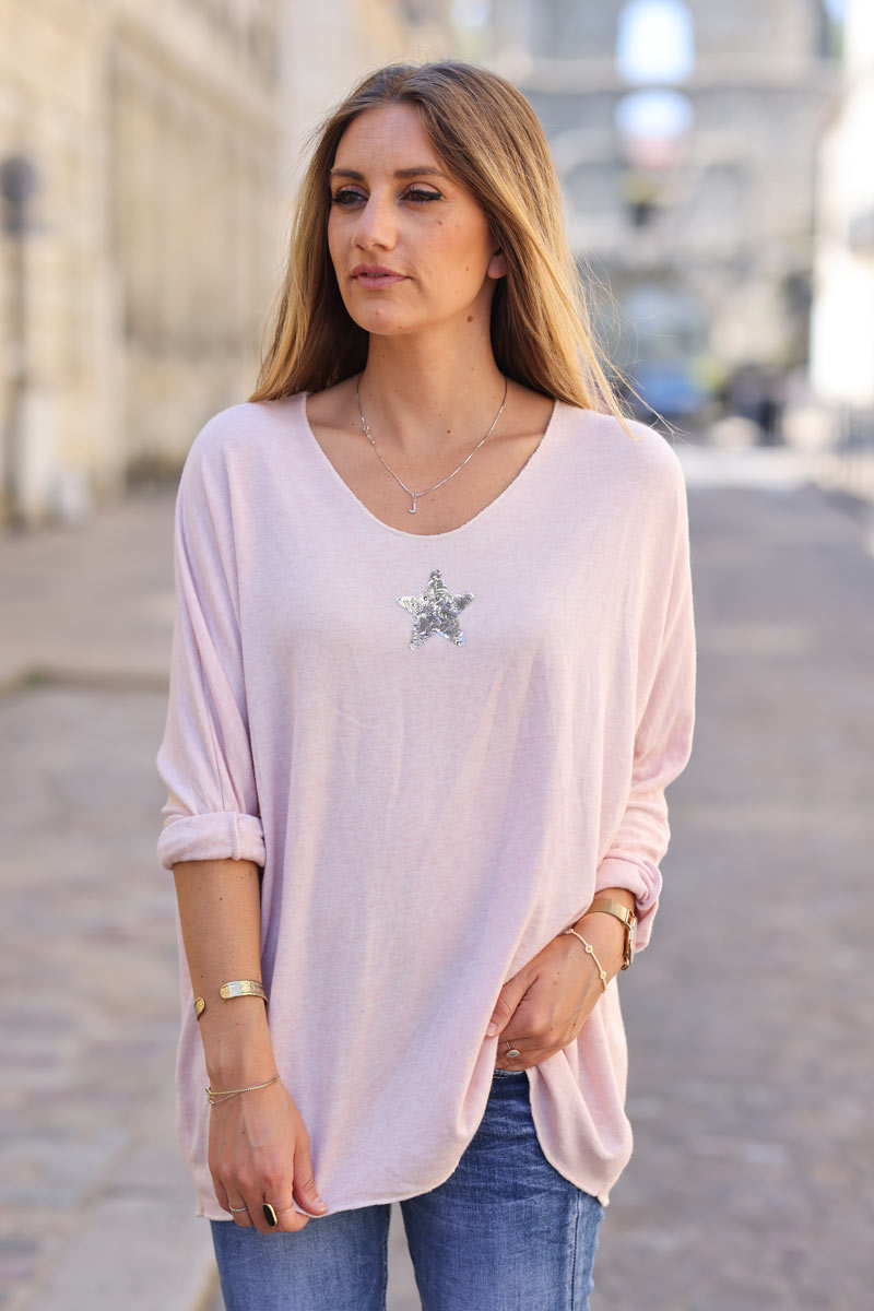 Pull tout doux et confort rose poudre etoile sequins c176 (1)