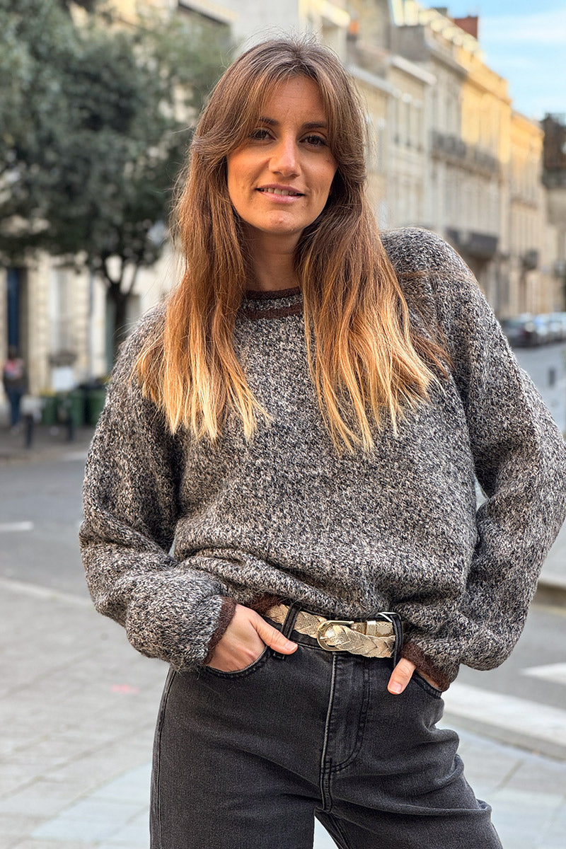 Grey Marled Knit Ring Neck Sweater