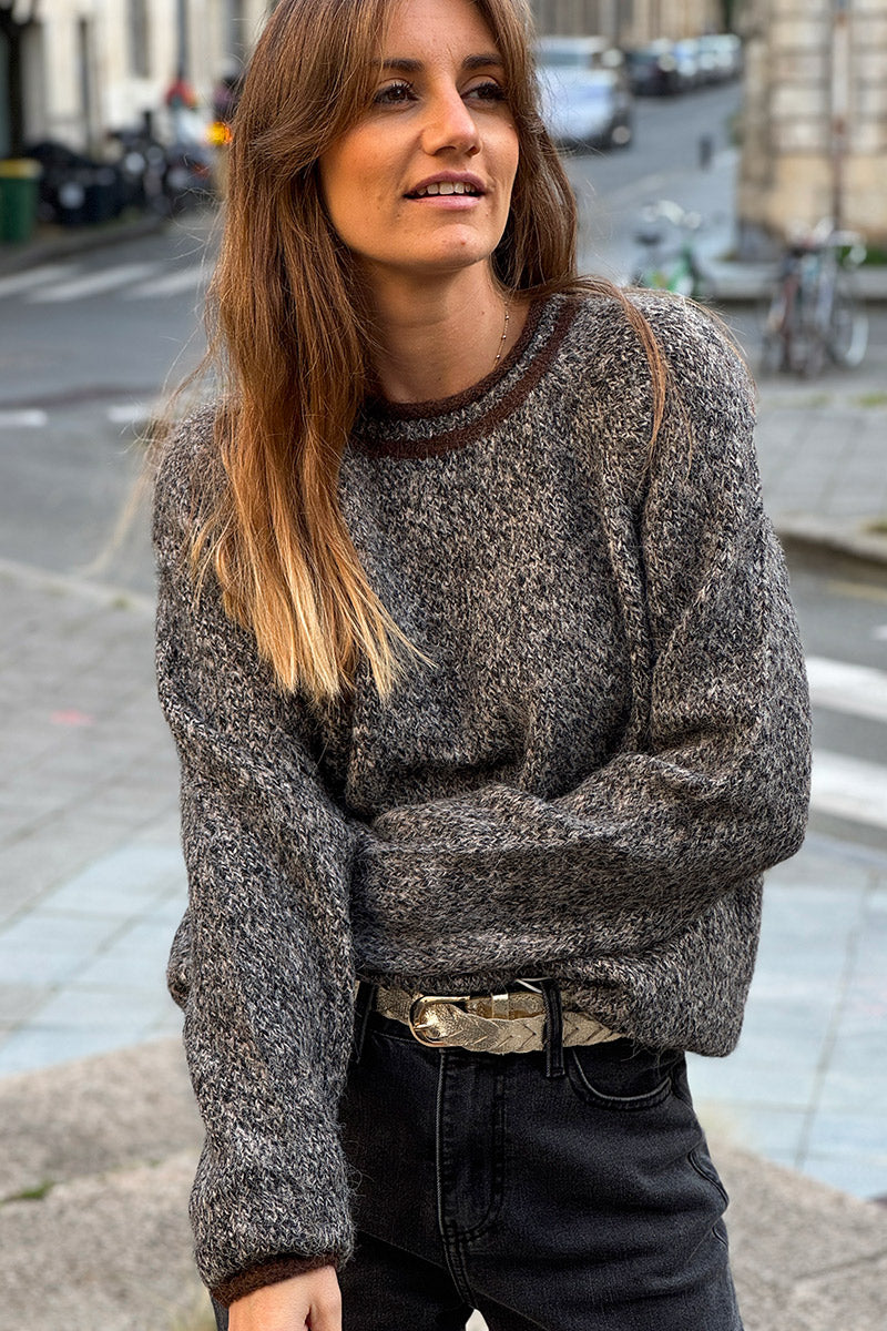 Grey Marled Knit Ring Neck Sweater