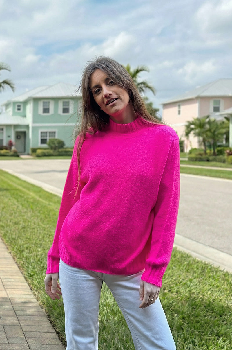 Pull tout doux fuchsia fluo maille baby alpaga col cheminée