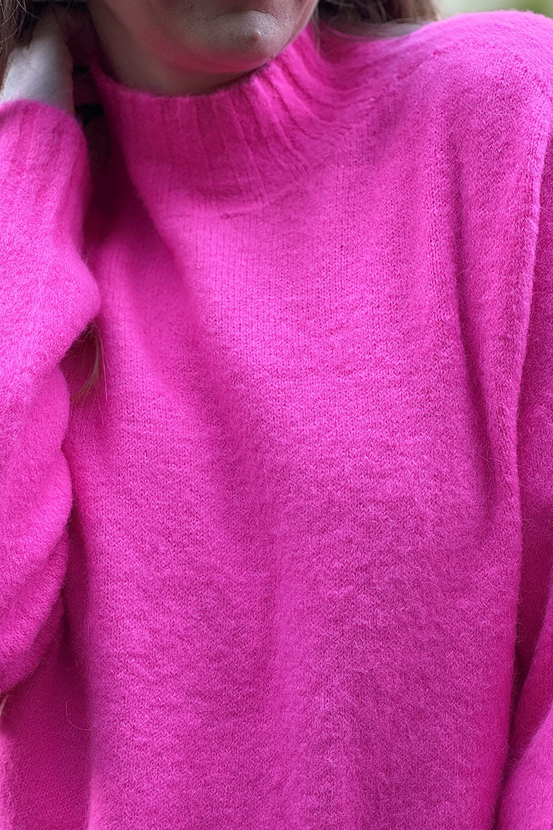 Pull tout doux fuchsia fluo maille baby alpaga col cheminée
