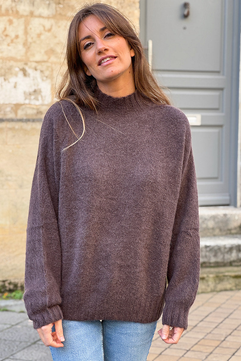 Chocolate Brown Baby Alpaca Mock Neck Sweater