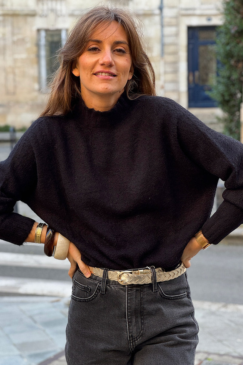 Black Baby Alpaca Mock Neck Sweater