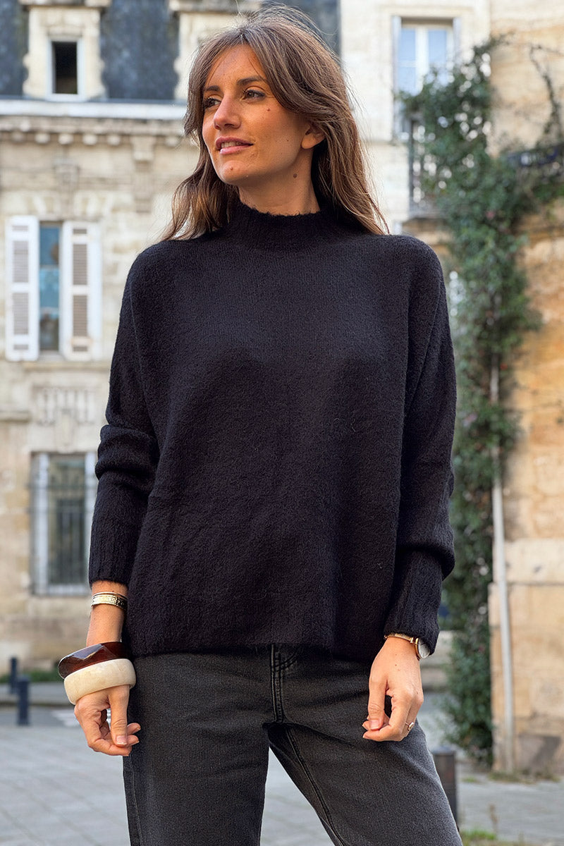 Black Baby Alpaca Mock Neck Sweater