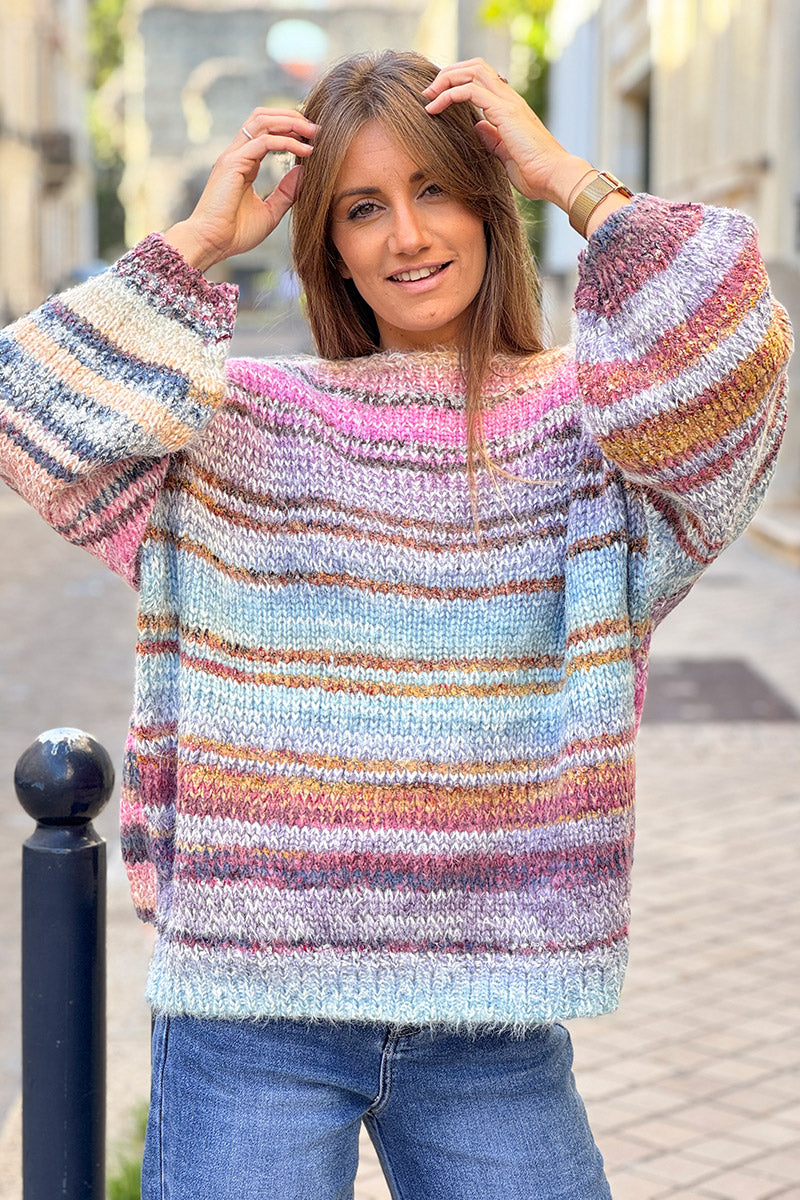 Pink Yarn Dyed Stripe Slouchy Knit Sweater