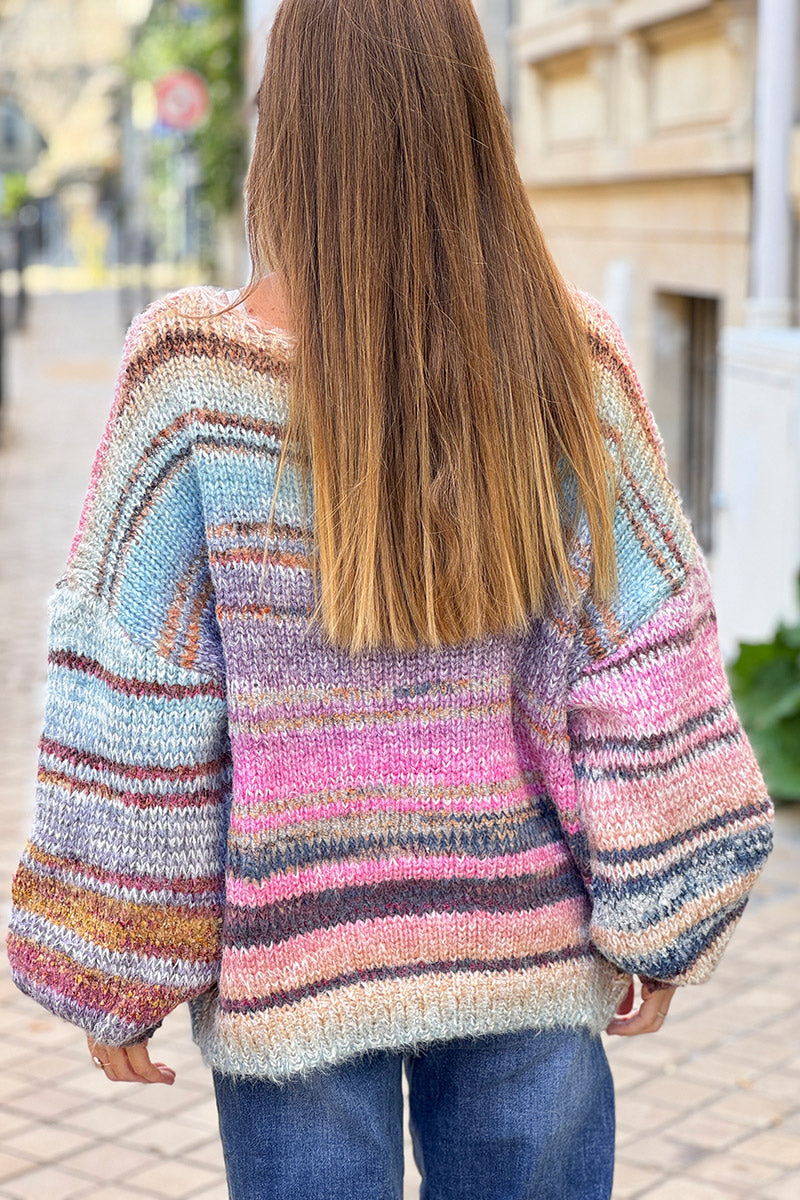 Pink Yarn Dyed Stripe Slouchy Knit Sweater