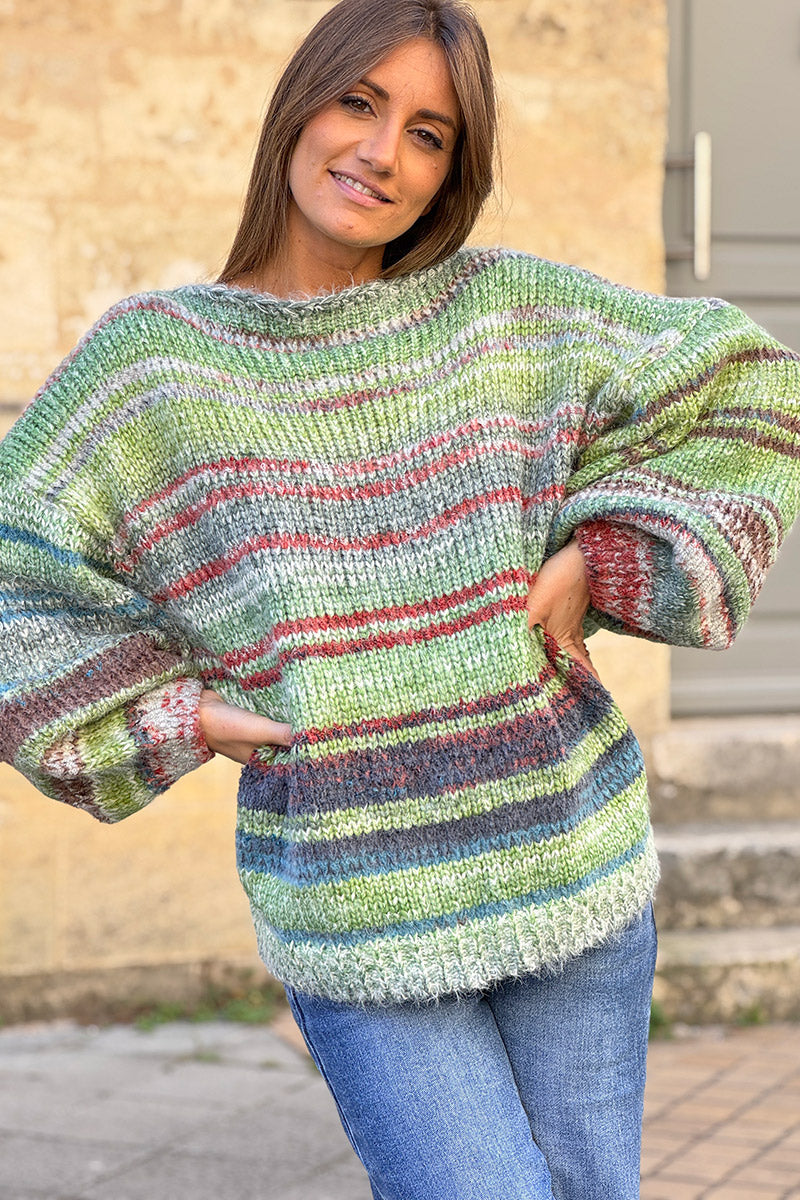 Lime Yarn Dyed Stripe Slouchy Knit Sweater
