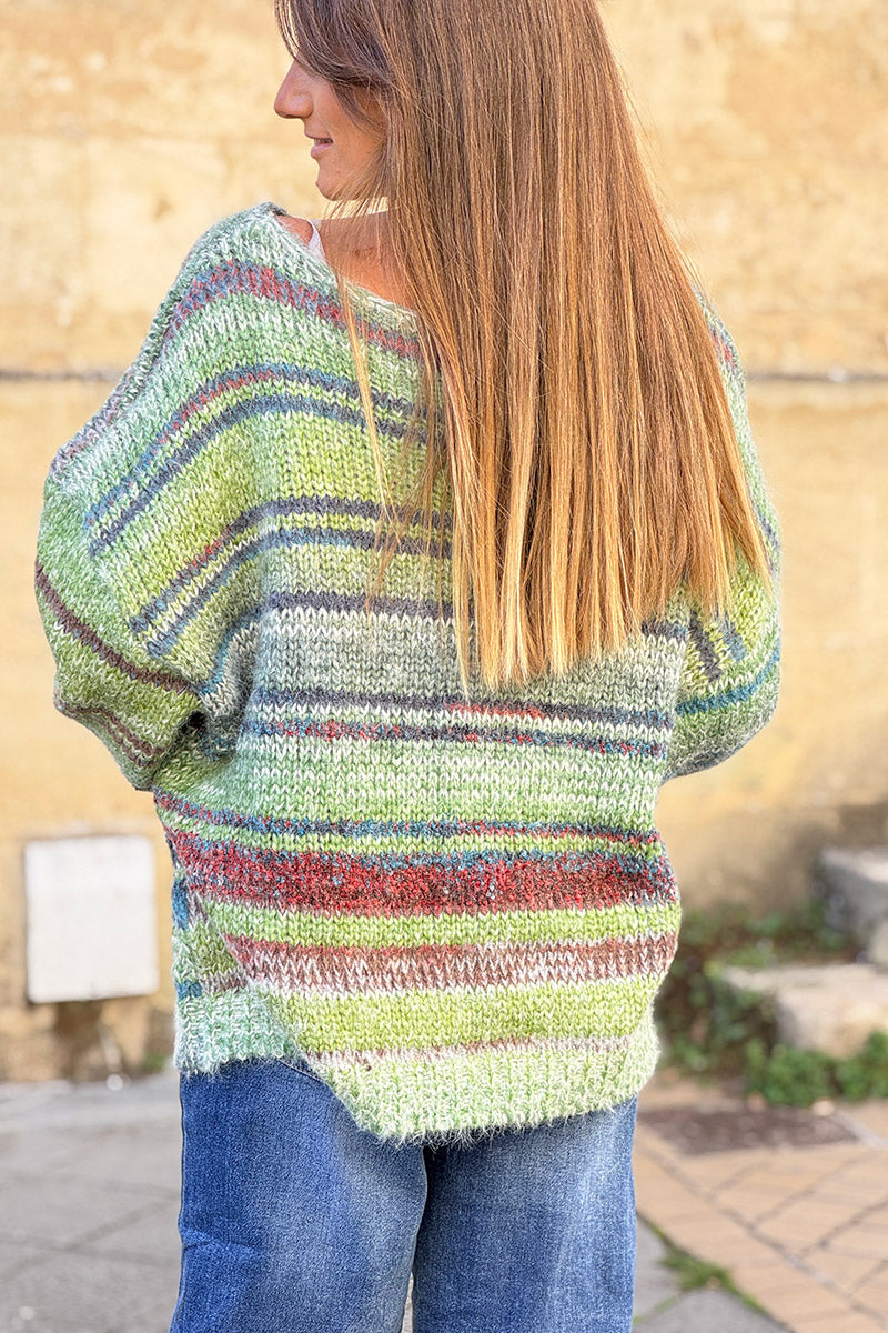 Lime Yarn Dyed Stripe Slouchy Knit Sweater