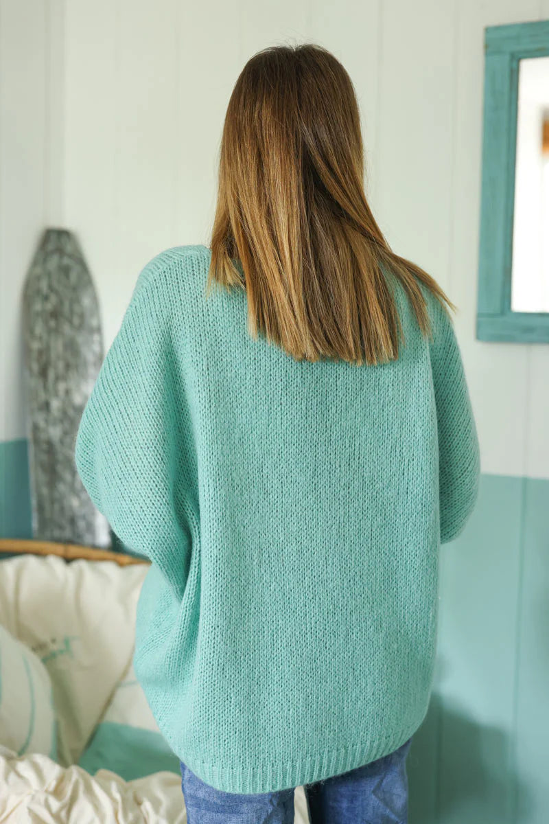 Water green mottled Woollen v-neck Jumper with Batwing sleeves