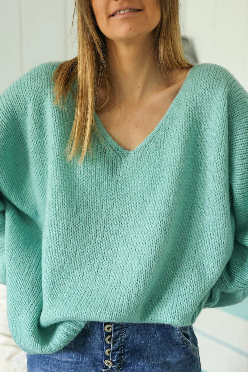 Water green mottled Woollen v-neck Jumper with Batwing sleeves