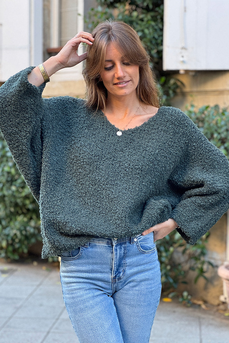 Dark Green Fuzzy Knit Alpaca Sweater