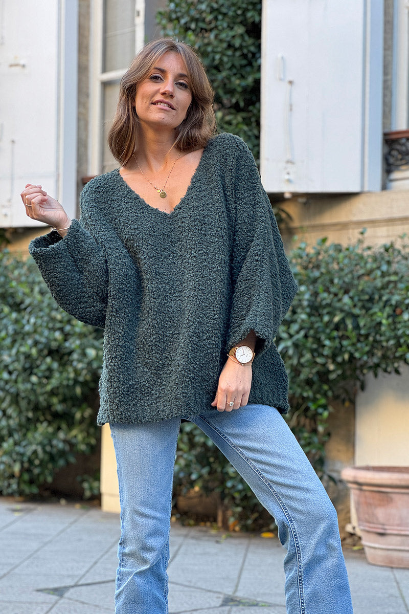 Dark Green Fuzzy Knit Alpaca Sweater